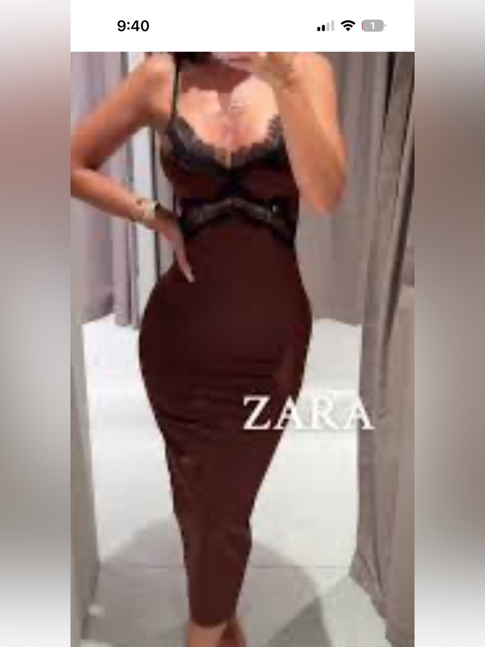 Zara Brown Midi Bodycon Dress with Black Lace